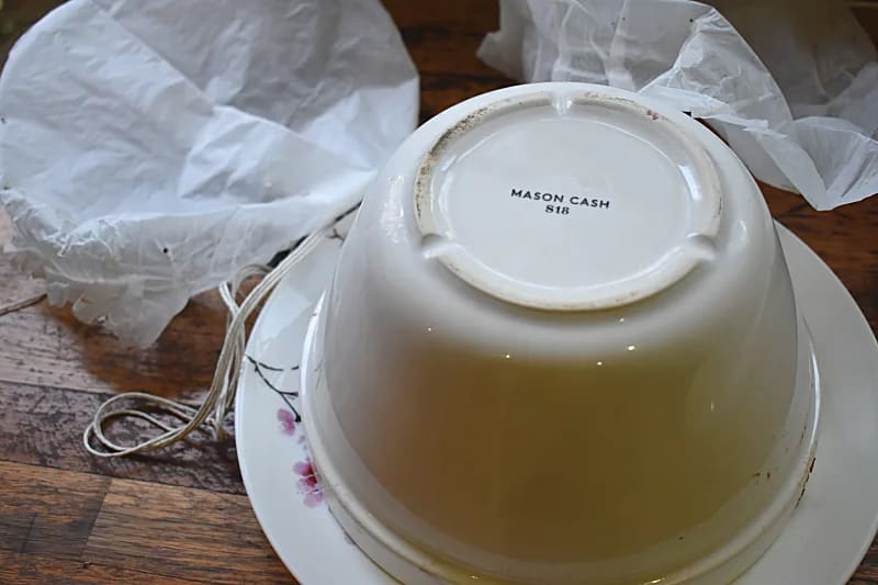 White pudding bowl or basin upside down showing maker's name Mason Cash